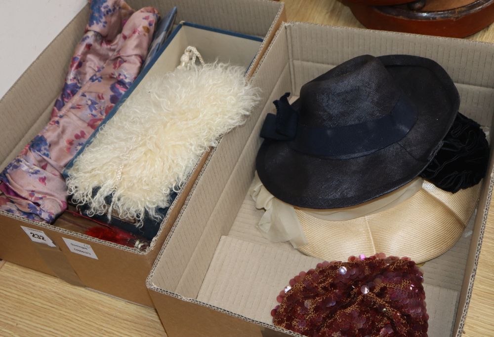 A pair of 19th century leather shoes, a fur muff, four hats, two chain mail evening bags, assorted bags and mittens, etc.